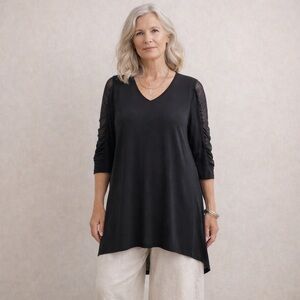 Clara Sun Woo Womens Mesh Sleeve Tunic Blouse Size Large Black 3/4 Sleeve XLarge